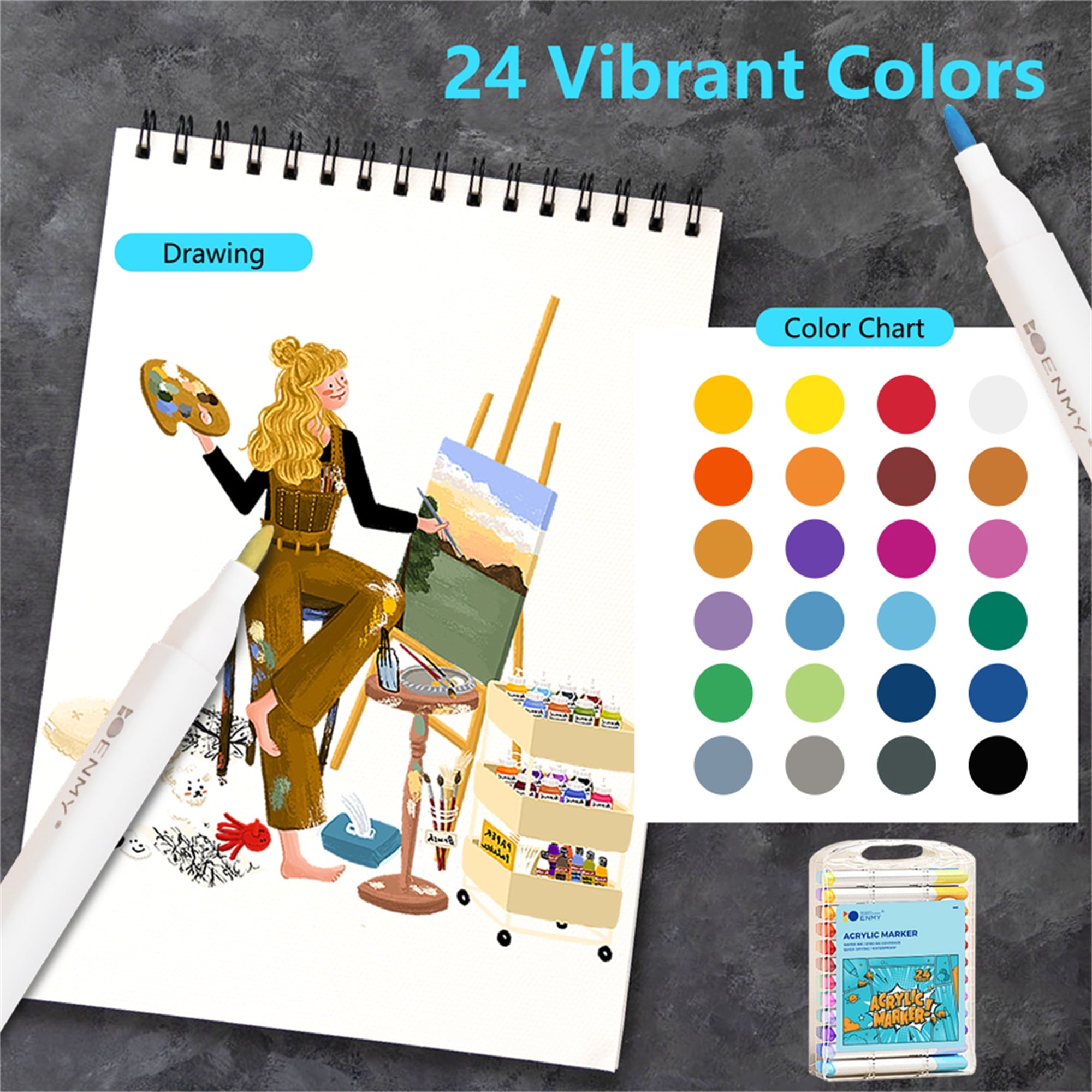 Acrylic Paint Pens Set,24 Colors Acrylic Markers Kits for 2mm Painting,Quick Dry Acrylic Paint Markers for Wood,Canvas,Stone,Rock Painting,Glass,Ceramic Surfaces,DIY Crafts Making Art Supplies