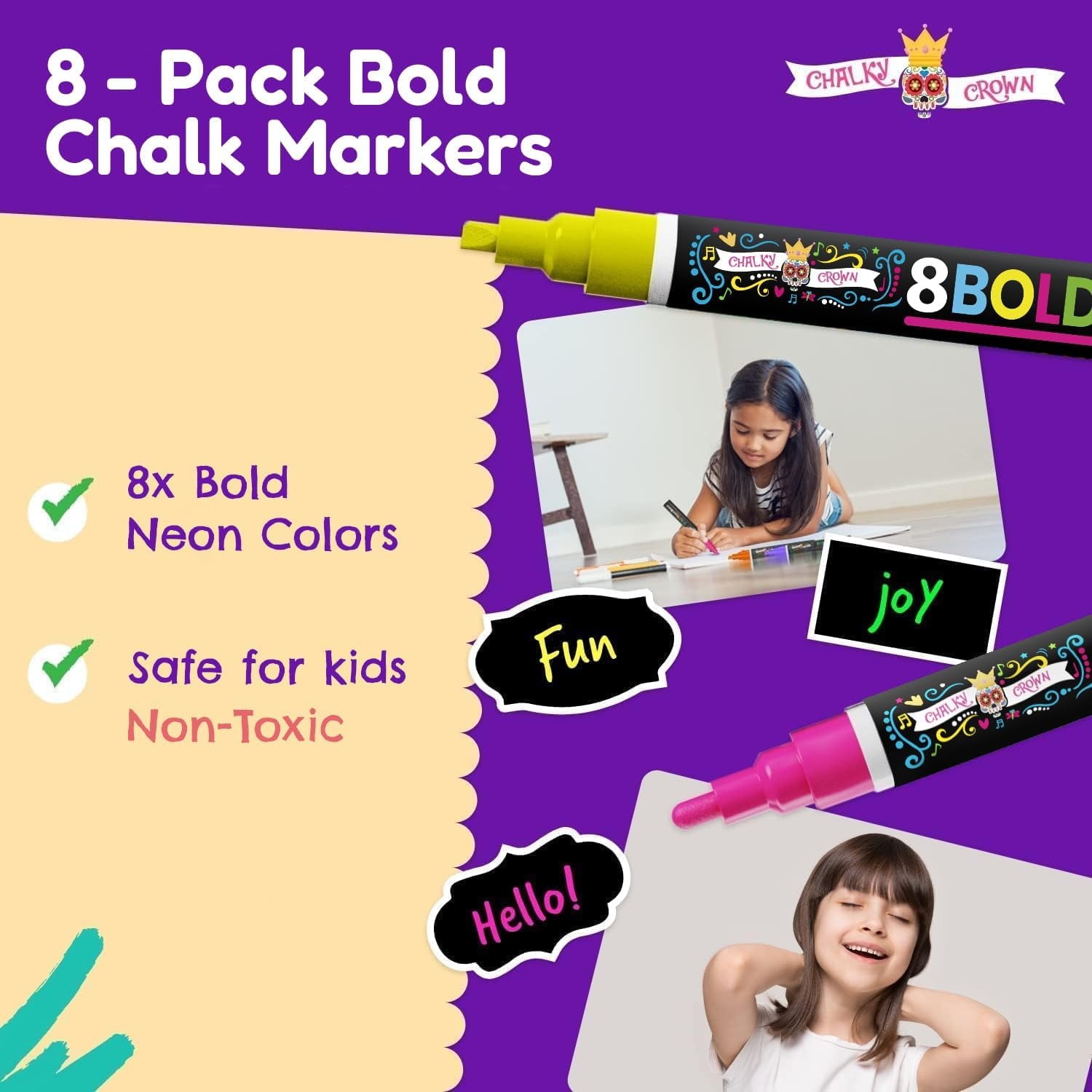 Chalky Crown - Bold Chalk Markers - Dry Erase Marker Pens - Reversible Tip - 8 Pack, 6 mm